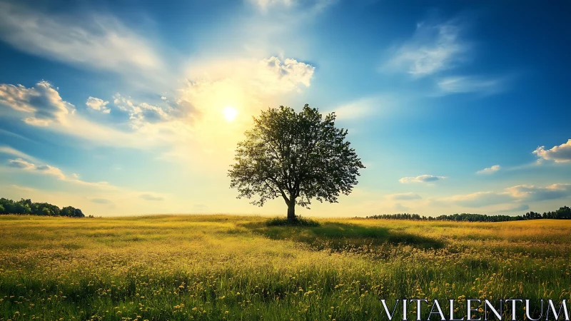 Photorealistic lone tree in sunlit meadow, central composition.