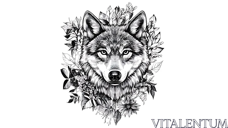 Wolf head ink illustration with botanical floral frame.