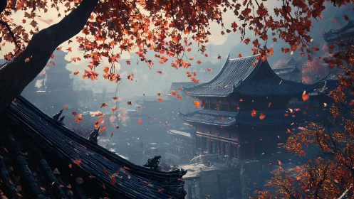Traditional temple complex framed by autumn foliage.