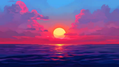 Sunset over calm ocean with saturated clouds and horizon.