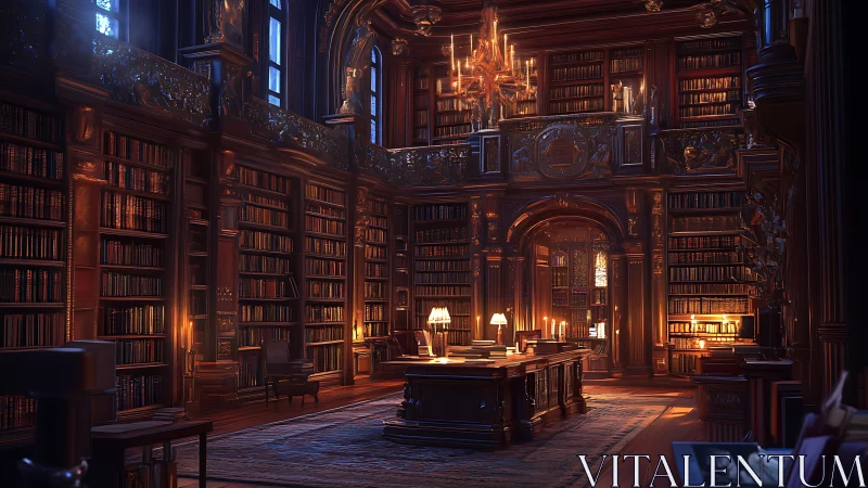 Opulent baroque library interior rendered in warm digital light