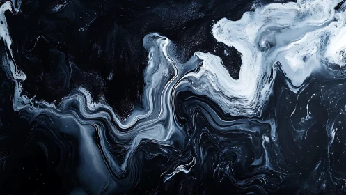 Abstract black and white fluid painting with swirling marble effect.