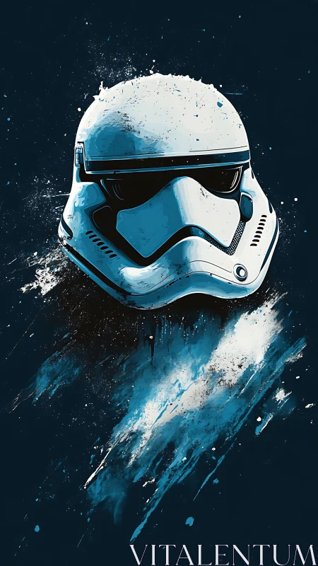 Bold sci-fi helmet surrounded by energetic blue splashes.