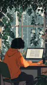 Student works on laptop beneath dense indoor hanging plants