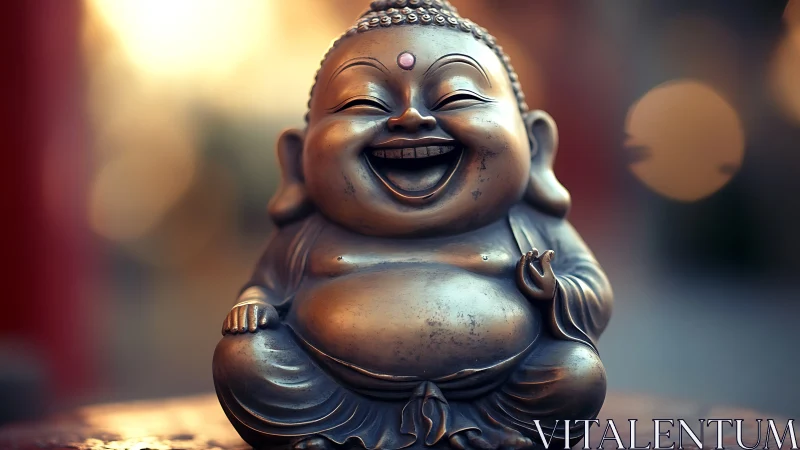 Smiling bronze Buddha statue gleams against soft bokeh light