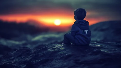 Child in hoodie sits on rocky surface observing sunset horizon