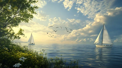 Sailboats glide across tranquil bay under golden sunrise