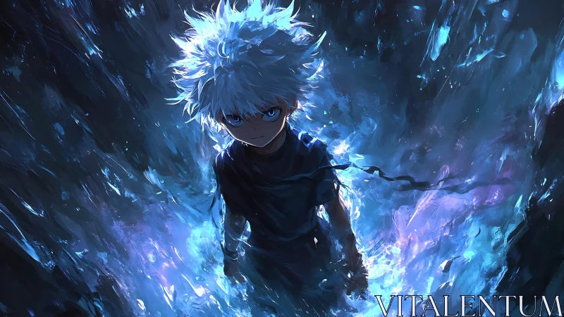 White haired anime boy amid swirling blue energy field.
