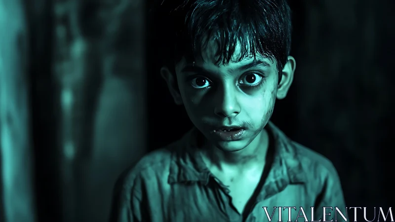 Young boy in dim teal lighting with wide-eyed expression.