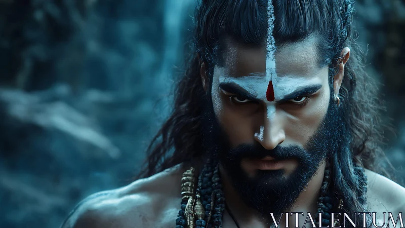 Warrior mystic glares through mist with fierce spiritual focus