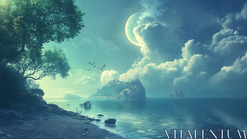 Crescent Moon Over Tropical Island Seascape with Luminescent Atmosphere