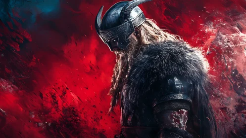 Viking warrior in fur armor against red abstract backdrop.