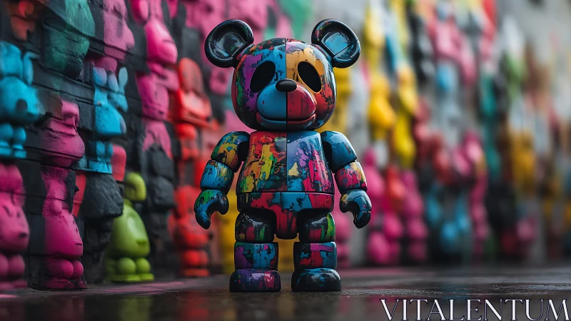 Pop art vinyl bear sculpture against chromatic wall installation.