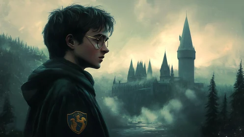 Moody young wizard before misty gothic castle at dusk.