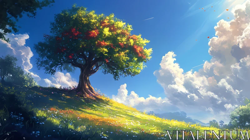 Solitary hilltop tree glows under bright summer sky