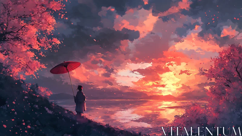 Solitary figure beneath sakura sky at radiant lakeside sunset.