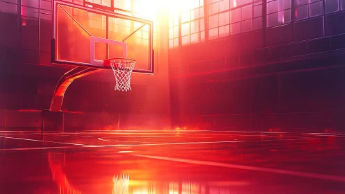 Sunlit indoor basketball court glows with vivid orange highlights
