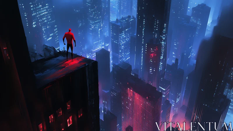 Silhouetted figure on rooftop above dense neon cityscape.