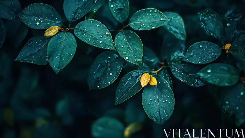 Moody green foliage with raindrops and yellow leaf accents.