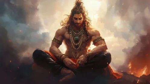 Mystical warrior in meditation amid glowing clouds.