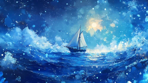 Moonlit cutter rigged sailboat on luminous abstract ocean waves