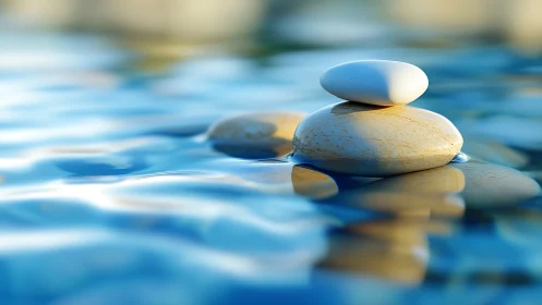 Zen stones rest on rippling blue water in tranquil balance.