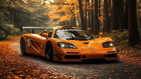 Orange racing car on forest road amid autumn foliage.