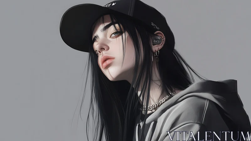 Edgy digital portrait of girl in cap and hoodie stares ahead.