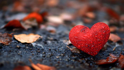 Red heart-shaped object displays water droplets on darkened surface.