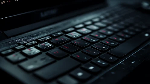Close-up view of illuminated laptop keyboard in low light.