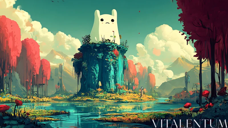 Gentle colossus guardian atop a candy-colored forest isle.