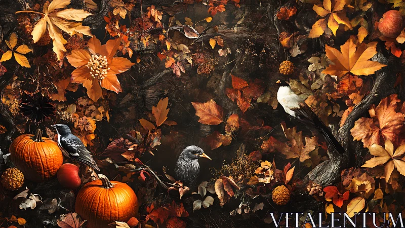 Autumn birds hold court among pumpkins and burning leaves