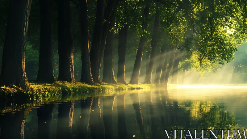 Sunlit forest river bank with trees and soft morning mist.