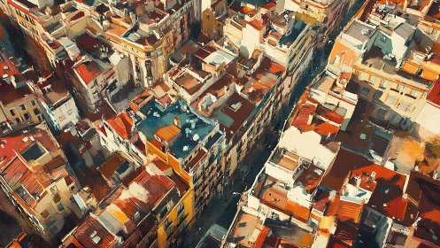 Elevated urban district with dense red-roofed buildings view.