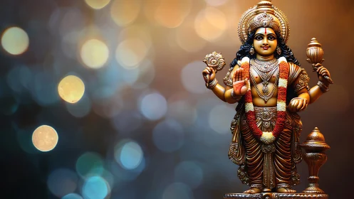 Golden Hindu deity statue glows gently against soft lights
