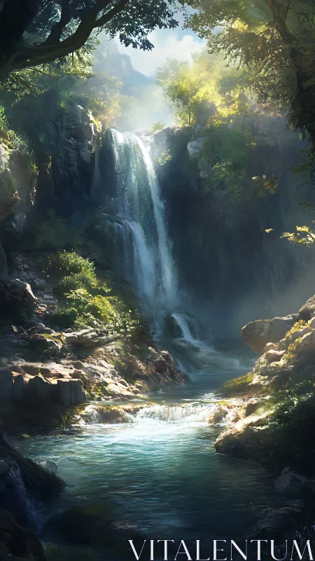 Lush forest waterfall cascading into crystalline blue pool.