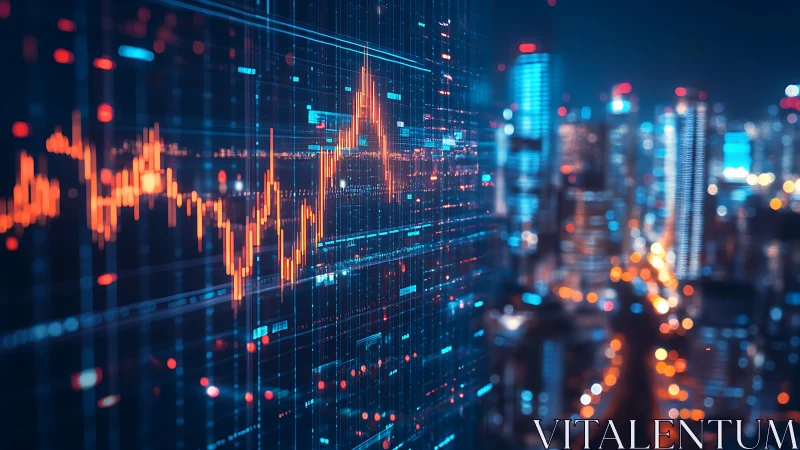 Urban skyline fused with high frequency trading waveform display.