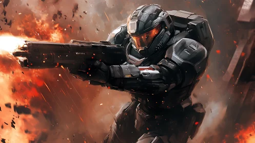 Armored sci fi soldier firing rifle in explosive battle scene.