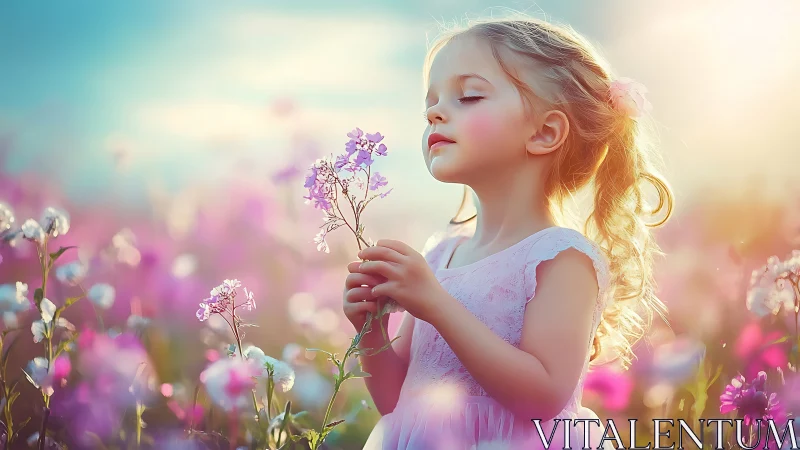 Young Girl Holding Purple Flowers in Vibrant Field at Golden Hour.