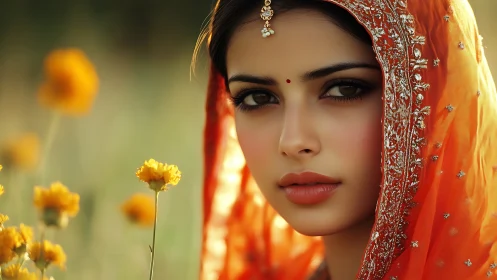 Portrait of woman in orange dupatta among yellow flowers.