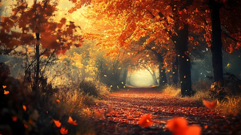Autumn Tunnel: Luminous Forest Canopy with Falling Leaves.