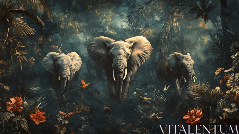 Three elephants in dense tropical foliage with butterflies.