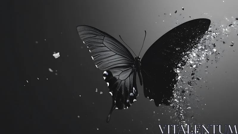 Black butterfly dissolves into glittering monochrome dust
