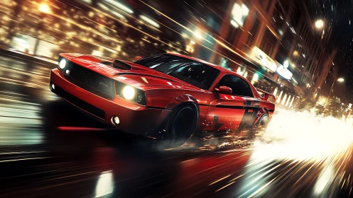 Red muscle car drifts through wet city street at high speed