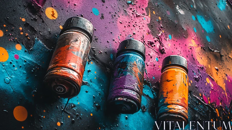 Spray paint bottles against neon splatter street wall.
