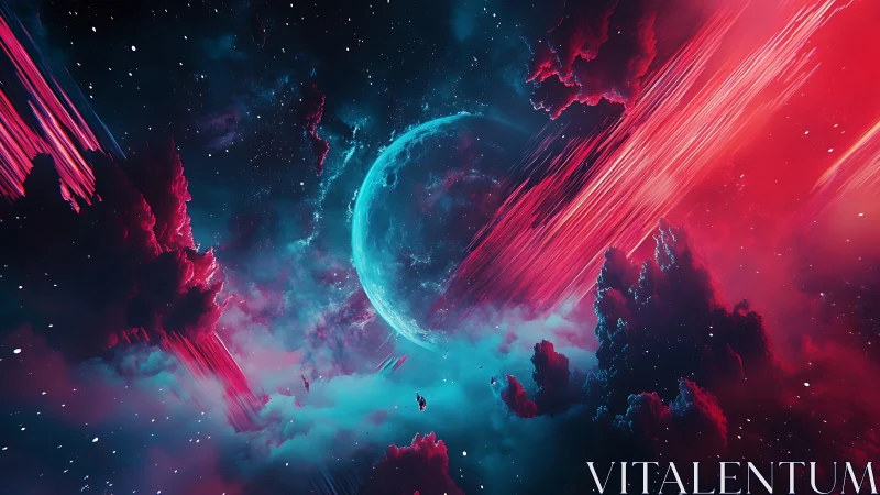 Planet framed by nebula clouds and diagonal light streaks