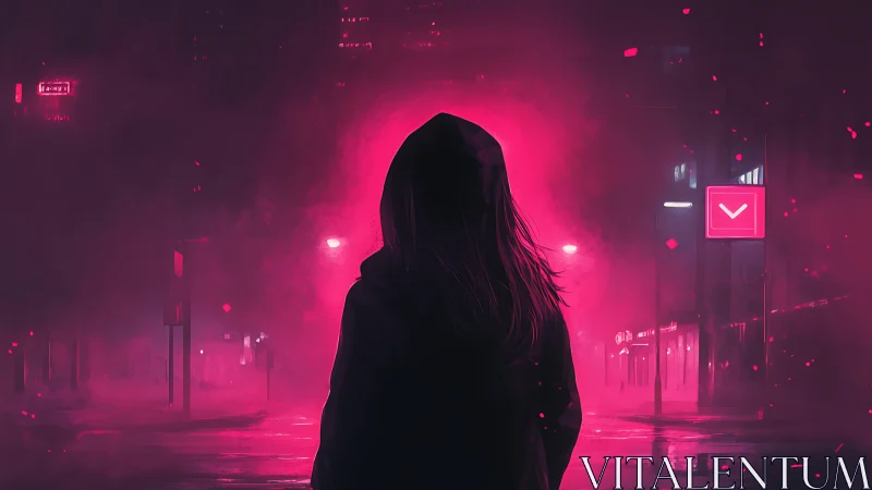 Hooded figure stands in neon pink fog on empty city street
