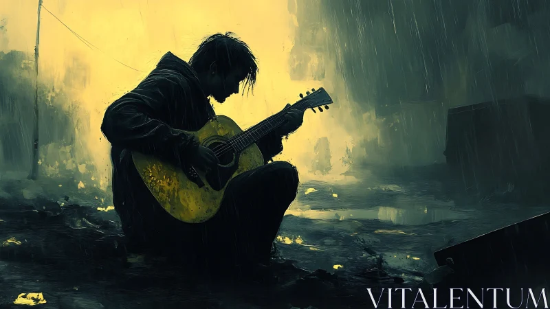 Solitary street guitarist in rain with moody yellow light.
