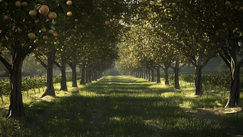 Sunlit symmetrical orchard rows with ripening fruit trees
