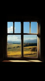 Framed rural landscape through wooden window in warm light